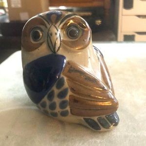 Vintage Tonala Hand Painted Ceramic Blue Owl Made In Mexico